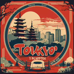 an image of a poster with tokyo written in it,the tokyo poster of an old time car with a city in the background