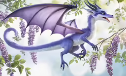 a purple dragon sits on a branch in the branches