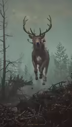an animal jumps into the air from the forest