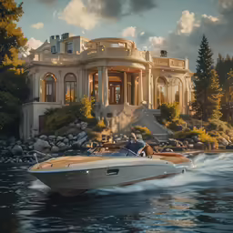 a boat moves past a house on a lake