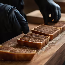 a person wearing a black glove and gloves, cutting some bread on a table