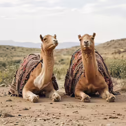 two camels with a scarf and headdress are sitting on the ground