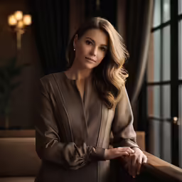 a woman in a brown suit sitting on the edge of a railing