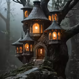 an ornately designed house in the woods at night