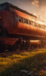 a red train on tracks near grass and a sunset,an old train with the sun shining behind it