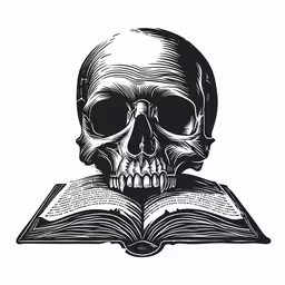 a skull with a book in his hand,a skull sitting next to an open book