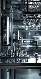 a stainless steel counter with glasses and silverware