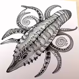 a drawing of a large black sea crab,a drawing of a sea horse with intricate patterns on it