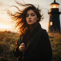 a woman with long hair is standing next to a lighthouse