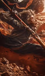 a character with weapons is running over a rocky terrain