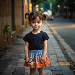 a small girl stands on a sidewalk next to a street