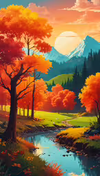 a forest landscape with a stream in the foreground,a painting of trees and water under a sun set