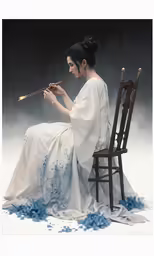 a woman in an image of a woman sitting down with a flute