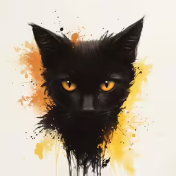 a black cat with yellow eyes and orange spots on it