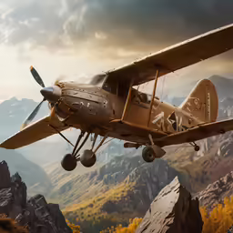 a small plane flying in the air above a rocky mountain landscape