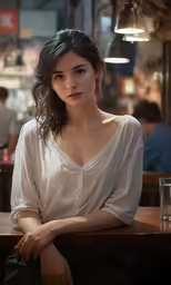 the girl is posing for the photo at the restaurant