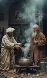 two men standing outside near a pot that has a small fire inside it