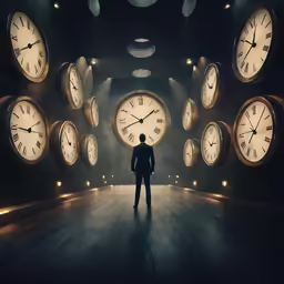 a man standing in front of a wall of clocks