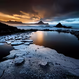 a small rocky coastline on the shore at sunset