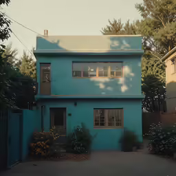 a house that is blue and surrounded by trees