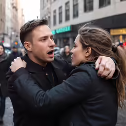 man giving woman a hug at intersection in city