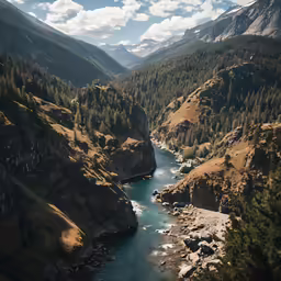 a river flowing between mountains and forests in the sun
