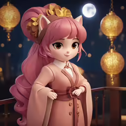 an animated image of a little pink - haired girl standing on a balcony