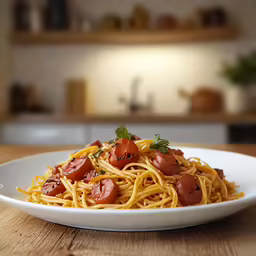 a plate that has spaghetti with tomato and meat