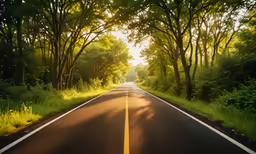the empty road is shown surrounded by trees
