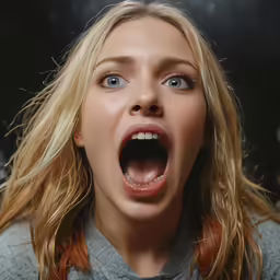 a woman with open mouth looking up at something