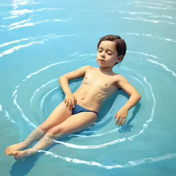 a young boy in the water has his feet up and is shirtless