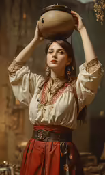 a woman in traditional costume holding a pot on her head