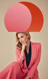 a woman in a pink suit and black top