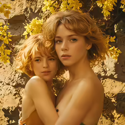 two nude girls stand next to each other, in front of a branch with yellow flowers