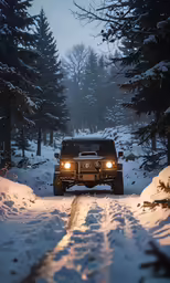 a car drives in the snow near a trail