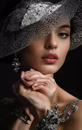 a beautiful woman wearing a large silver hat