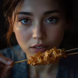 a young woman is eating cereal on sticks