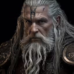 a man with grey hair and beard wearing armor