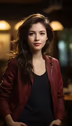 a woman in a red jacket poses for a photo