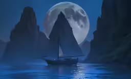 the boat is in the water with a huge moon