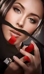 woman with red nails holding black ribbon,