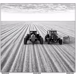 two farm vehicles sitting on a plain in a black and white photo