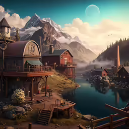 a painting with mountains and water behind it