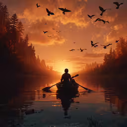 a man is in a boat with birds flying over him,the person rowing their boat is surrounded by geese