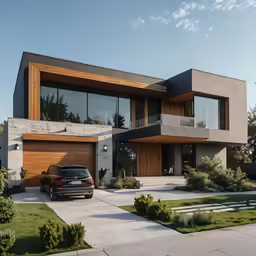 a car is parked in front of a modern style home