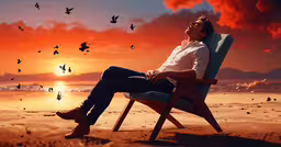 a man is sitting in a chair watching the sun rise,a man sitting on a chair on a beach at sunset with birds flying around him
