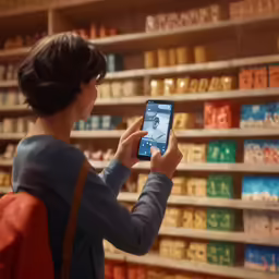 a boy takes a photo with his phone while shopping for goods in a supermarket