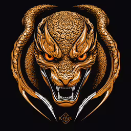 an animal head with two snakes around it,the head of a demon with two large, red eyes