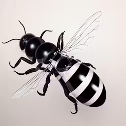 three black and white bees flying towards the viewer