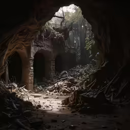 a cave with large windows, rocks and a door leading to a dark room